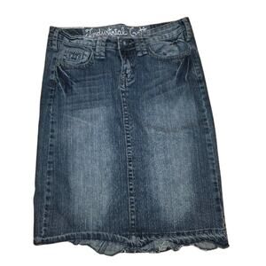 Vtg Y2K Industrial Cotton Denim Knee Length Skirt Raw Hem Juniors Size 5